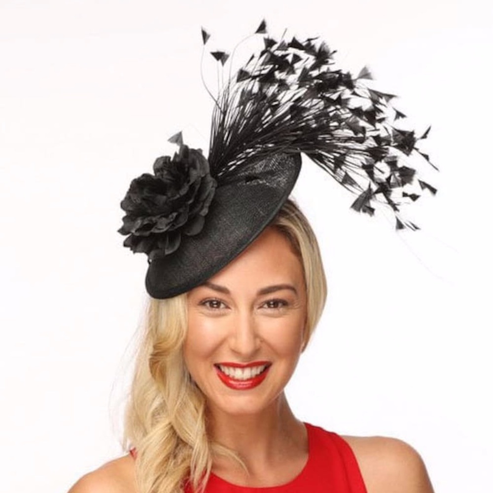 Black Sinamay Kentucky Derby Fascinator with Spray Feather Detail.